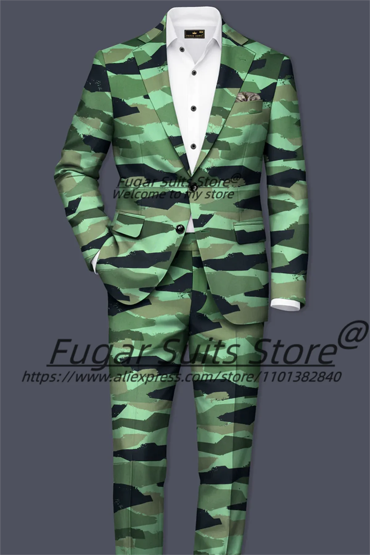 Fashion Outdoor Camouflage Men Suits Customized High-qublity Slim Notched Lapel Casual Tuxedos Male Handsome Blazers 2 Pcs Sets