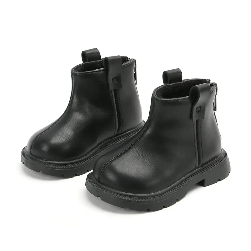 

Autumn Winter Black Baby Boy Boots British Style Solid Color Leather Zip Shoes Toddler First Walkers
