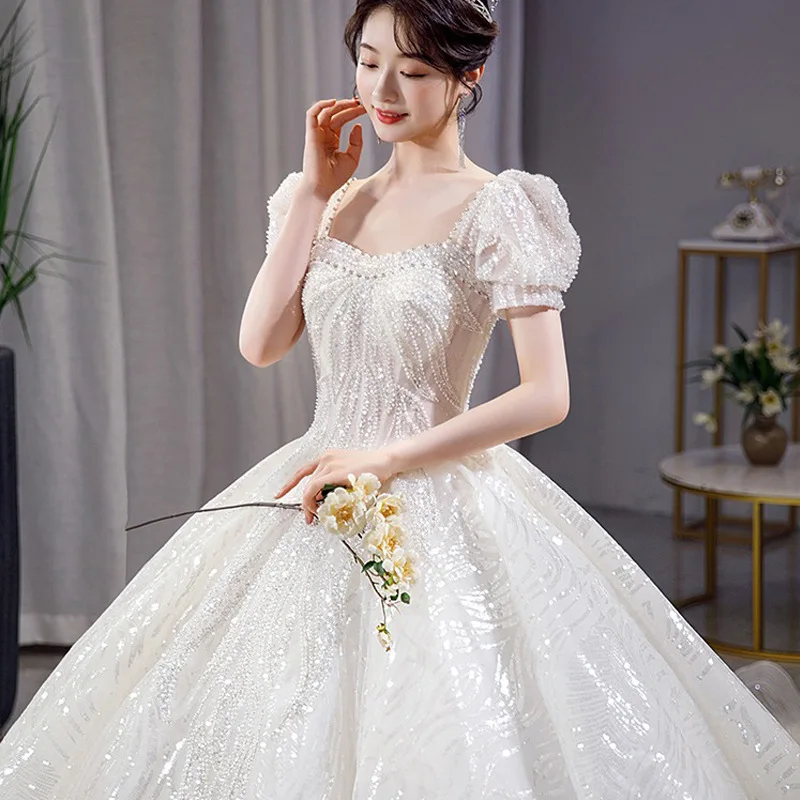 Customized High End Bling Bling Women Wedding Dresses Sequins Short Sleeves Bridal Gowns Formal Vestido De Noiva robe de mariée