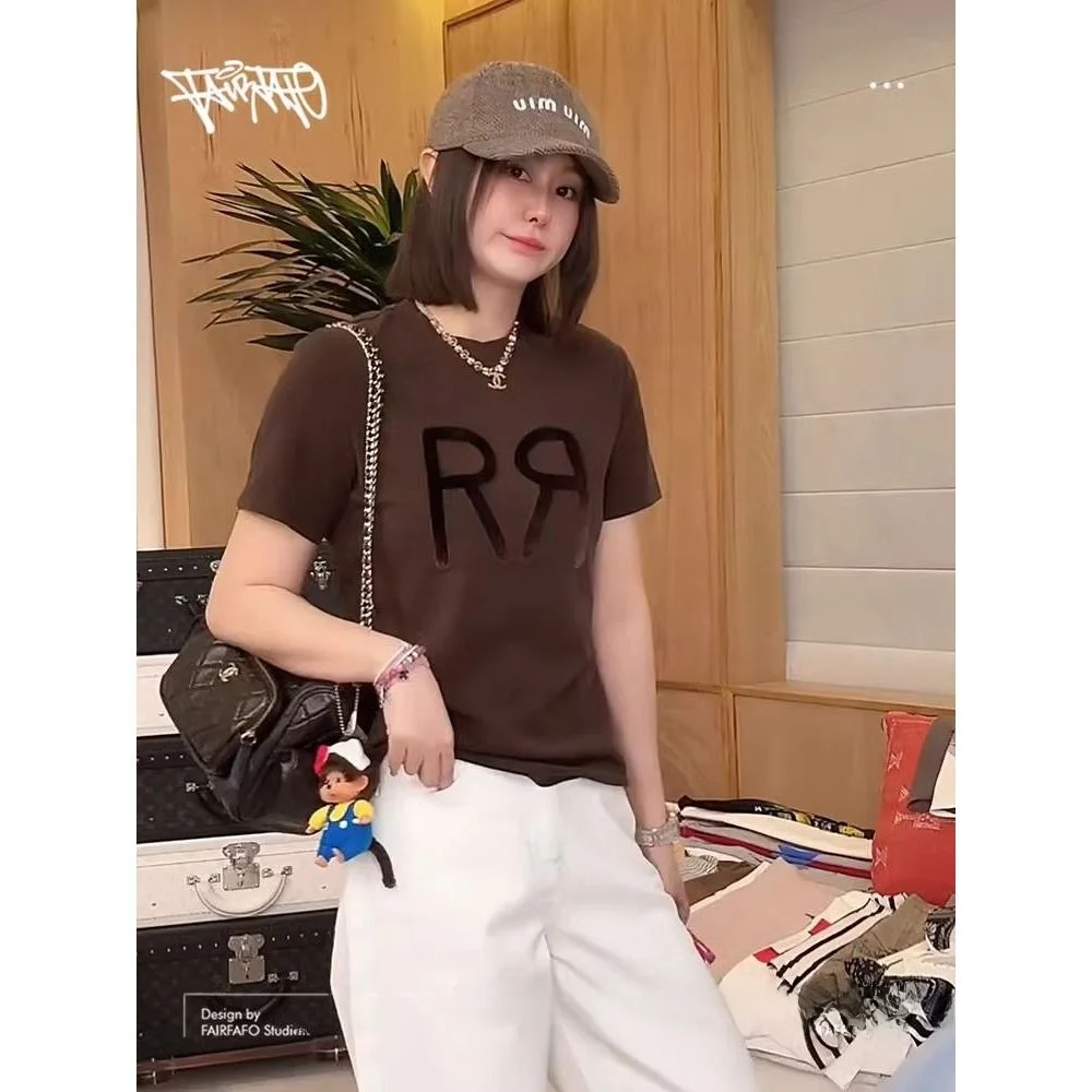 

Женская футболка Slim Fit с круглым вырезом и надписью R, свободного кроя, летний топ из хлопка, удобный, дышащий, впитывающий пот...