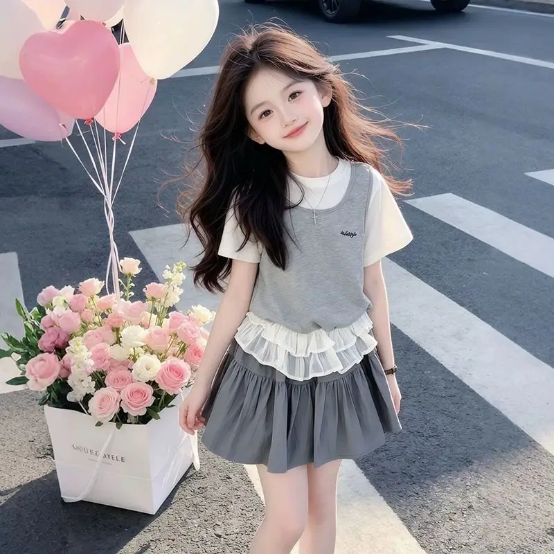 Girls 2-Piece Summer Outfit Layered Ruffle Hem Top+Pleated Skirt Cute Comfortable Fashion Preppy Set for Toddler & Little Girls