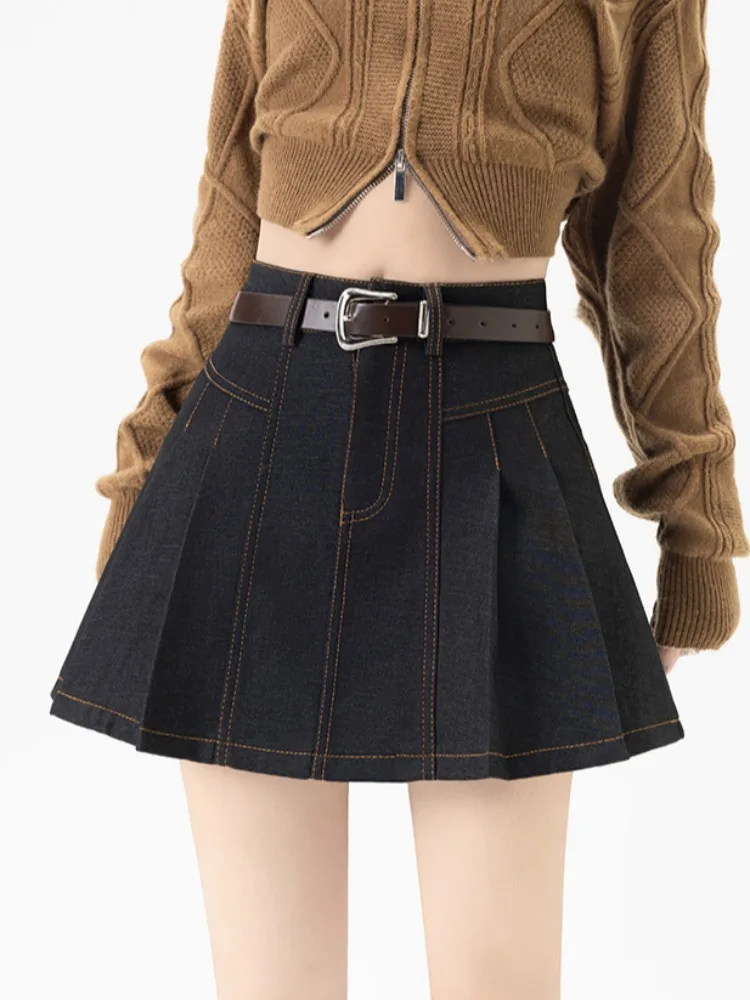 Cintura alta a linha saia feminina outono design sentido plissado retro falso denim saia efeito de emagrecimento ci walk sle