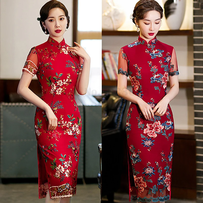 

Vintage Red Lace Tight Cheongsam Vestidos 2024 Spring Summer New Chinese Traditional Dress Female Big Size 3XL 4XL 5XL Qipao