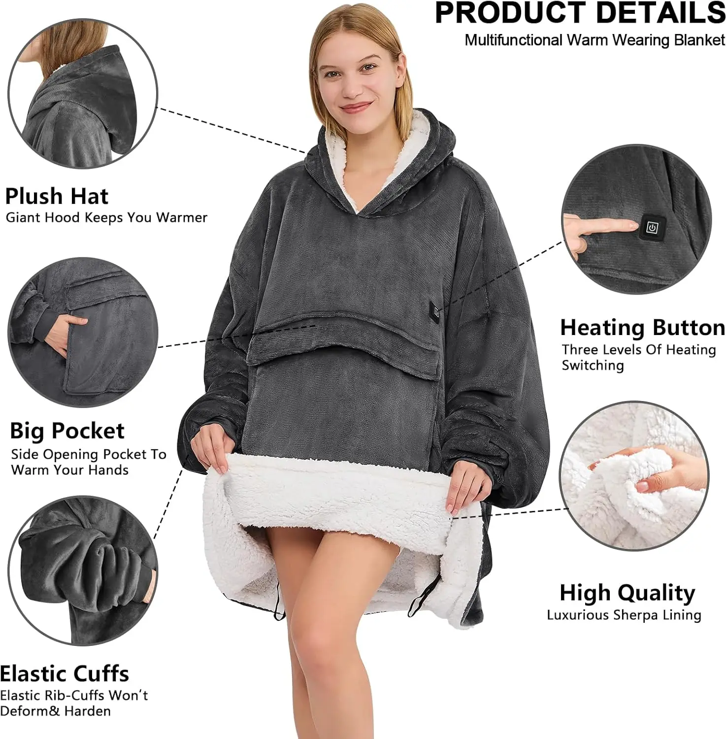 بطانية بغطاء للرأس قابلة للارتداء، لاسلكية محمولة مع 3 إعدادات للحرارة وبنك طاقة، رمادي