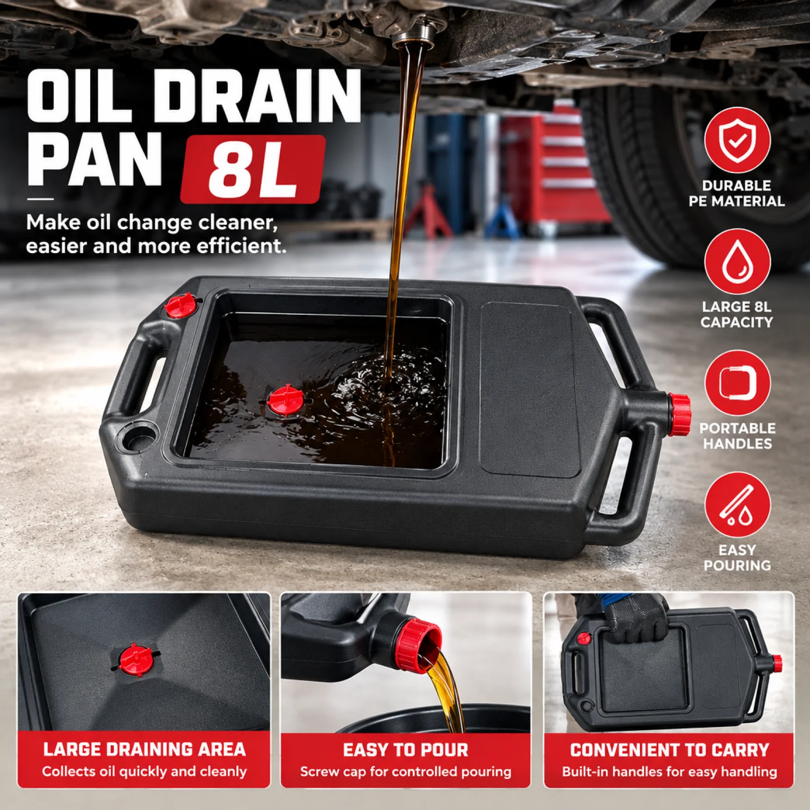 Oil Drain Pan Low-Sitting Oil Drain Pan with Cap Container 8L Easy Pour for Mechanics, Garage, Workshop