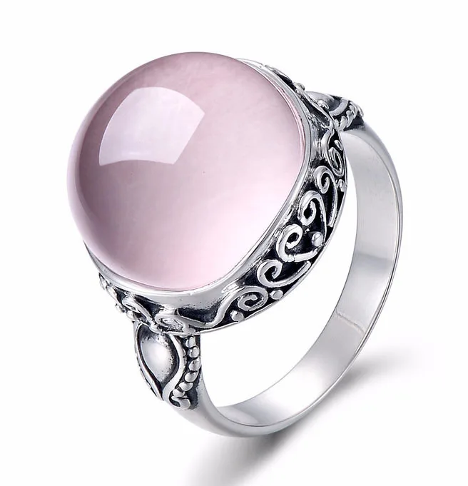 

Women's Vintage Silver-Plated Ring, Rose Quartz (Rhodonite) Inlaid with Fashion Lace Design,Trendy Thai Silver Pink Crystal Ring