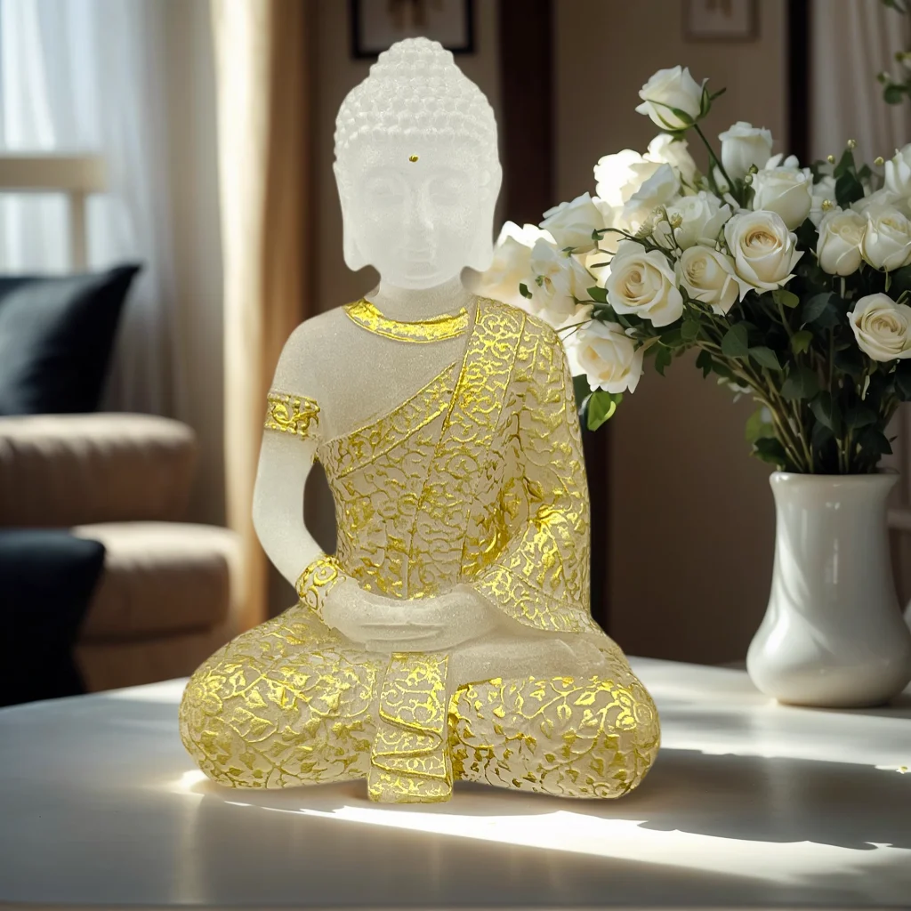 Nouvelle Statue de Bouddha en Verre Blanc Orné de Décorations Dorées, Style Zen Chinois, pour Décoration Intérieure, Salon, Entrée, Salle de Thé, Bureau, Maison de Ville