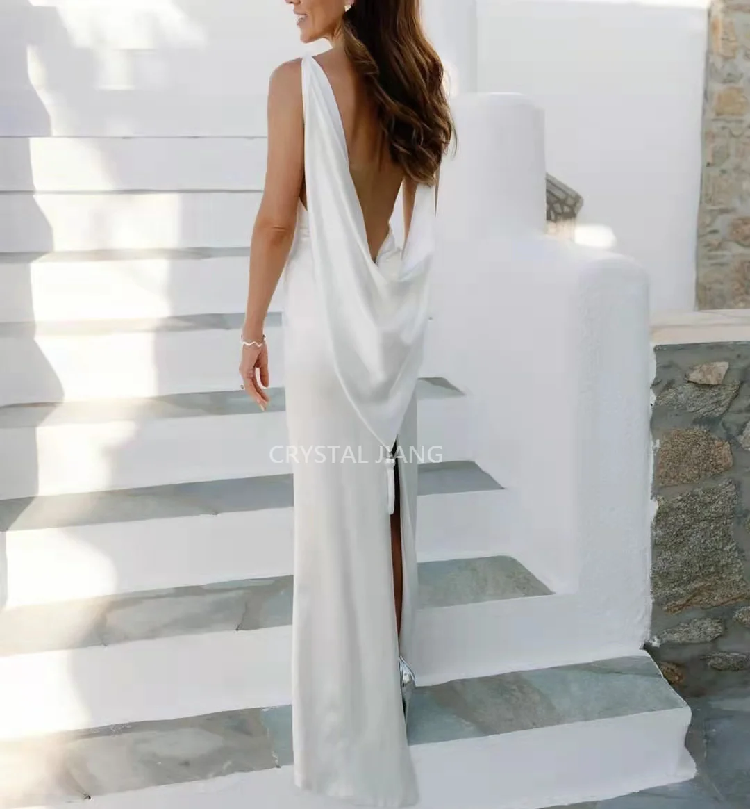 

White Square Collar Satin Wedding Dresses Sleeveless Backless Vestido De Noiva A Line Floor Length Bridal Gowns