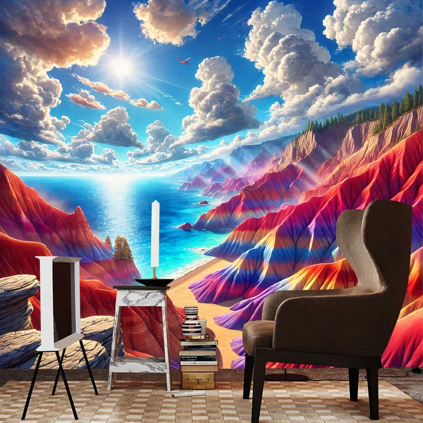 Papel de Parede Impermeável 15+, Autoadesivo Opcional, Papel de Parede para Sala de Estar, Decoração de Paredes com Tema de Montanha e Nuvens