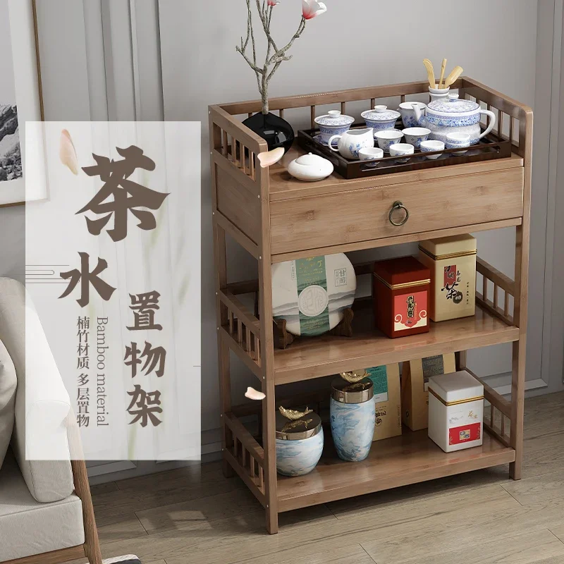 Bamboo and wood shelves, movable living room floor-to-ceiling bamboo cart, kitchen storage cabinet, multi-layer simple tea shelv