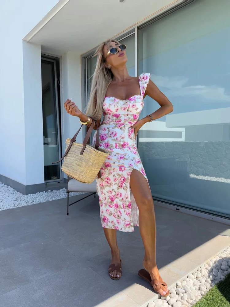 Neue Sommer-Damenmode, bedrucktes rückenfreies Kleid, ärmellose Kleider, elegante Kleider, Blumenkleider für Damen, Damenbekleidung