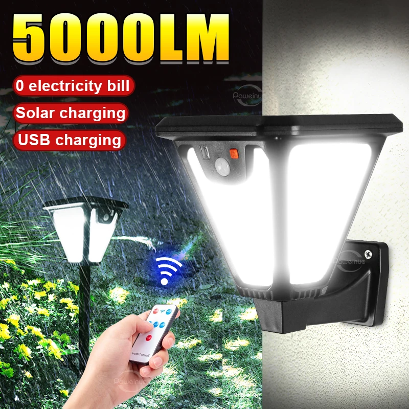 

5000LM Outdoor Solar Lights Motion Sensor Solar Powered Lamp USB Rechargeable Wall Light Garden Decoration Landscape floodlight