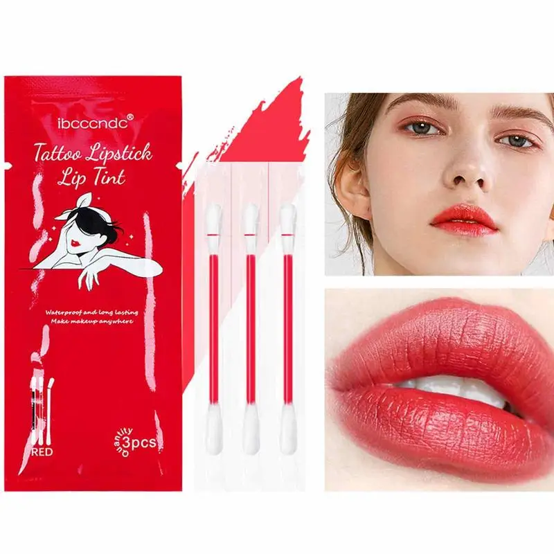 3 Pieces Cotton Stick Lip Stain Matte Lip Tint Waterproof And Long Lasting Liquid Non-Stick Portable Lip Gloss For Women Girls