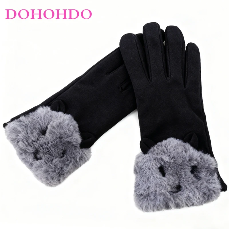 

Touch-screen Suede Motorcycle Gloves Ski Riding Autumn Winter To Keep Warm Girl Rabbit Head Design Velvet Padded Black Gloves