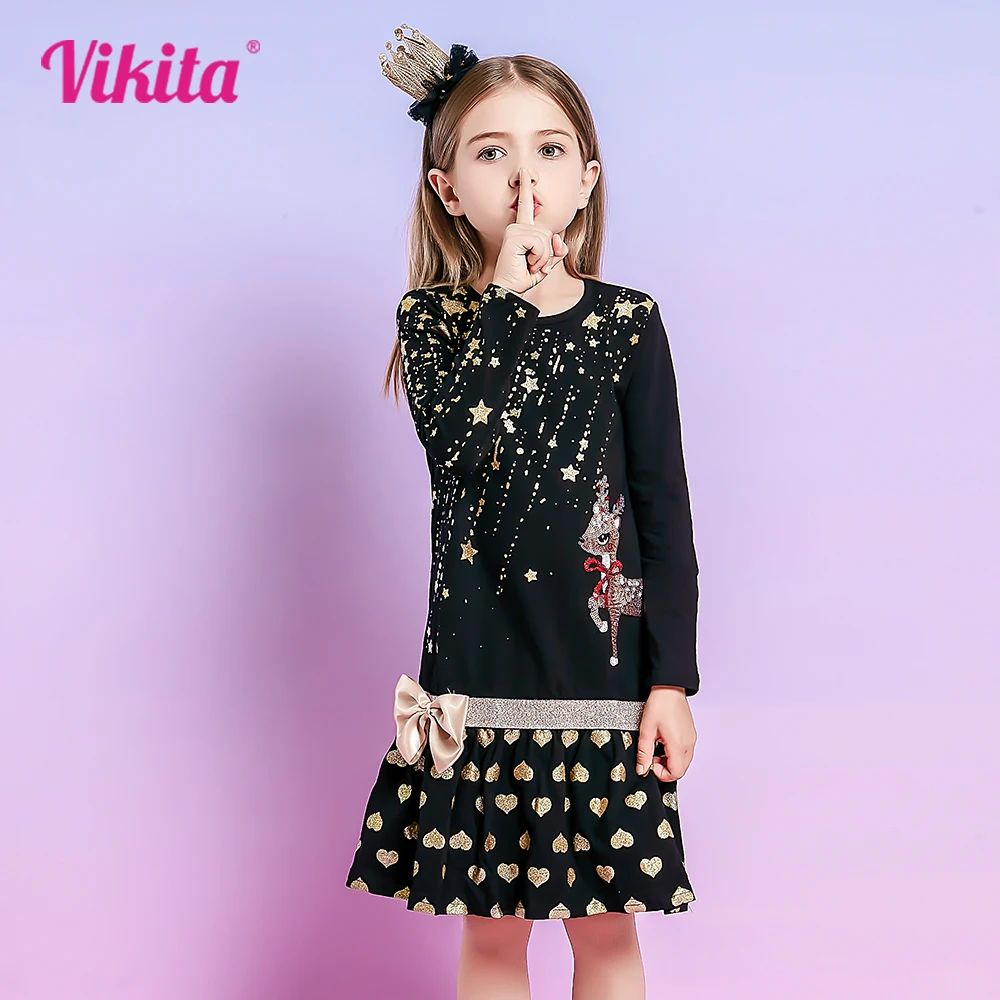 

VIKITA Girls Christmas New Year Gift Dress Kids Elk Sequined Appliqued Star Heart Print Cotton Dresses with Bowknot Kids Clothes