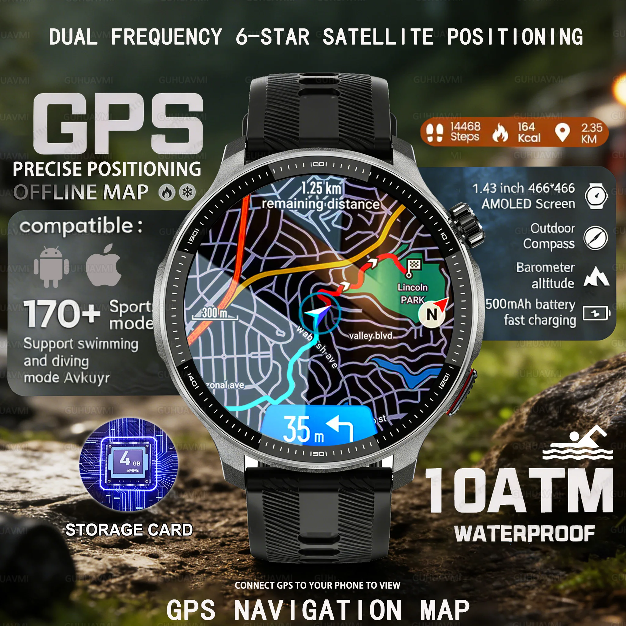 2026New Military outdoor Sports 10ATM Waterproof SmartWatches 4GB Memory With GPS Offline Map 1.43