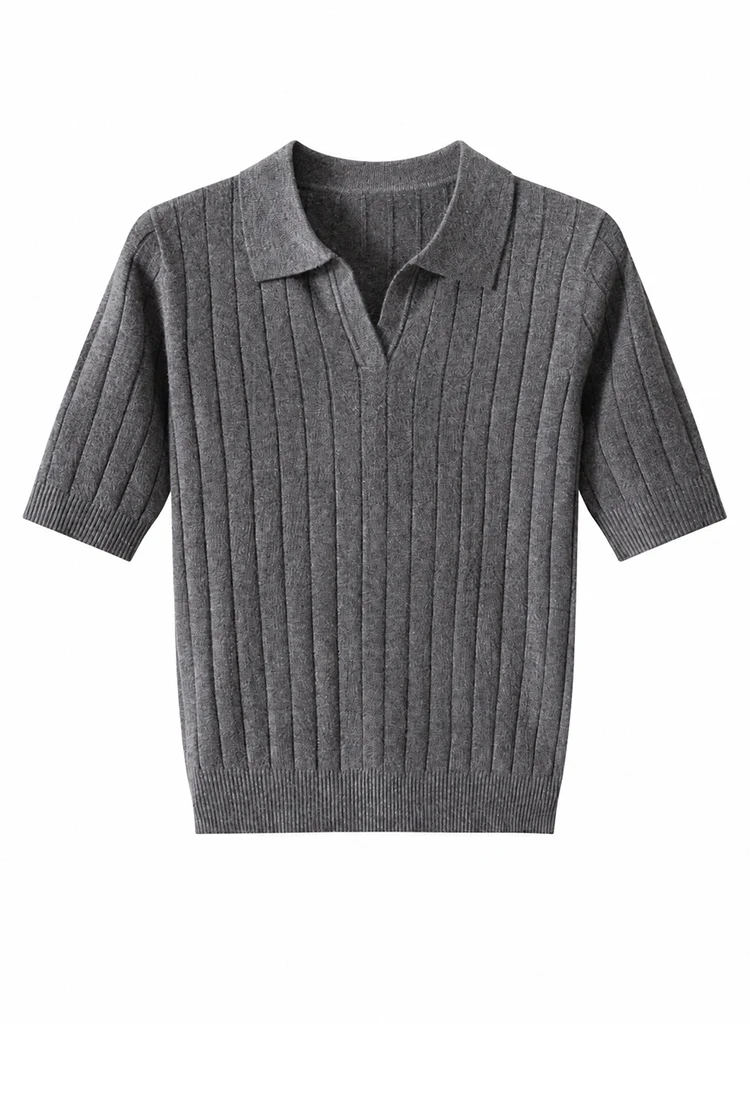 MZ62056 Damen-Pullover mit Polokragen, offenem V-Ausschnitt, kurzen Ärmeln, geripptem Strick, einfarbig, weiche Modal-Mischung, lässiges Oberteil für den frühen Herbst. – Detail 13