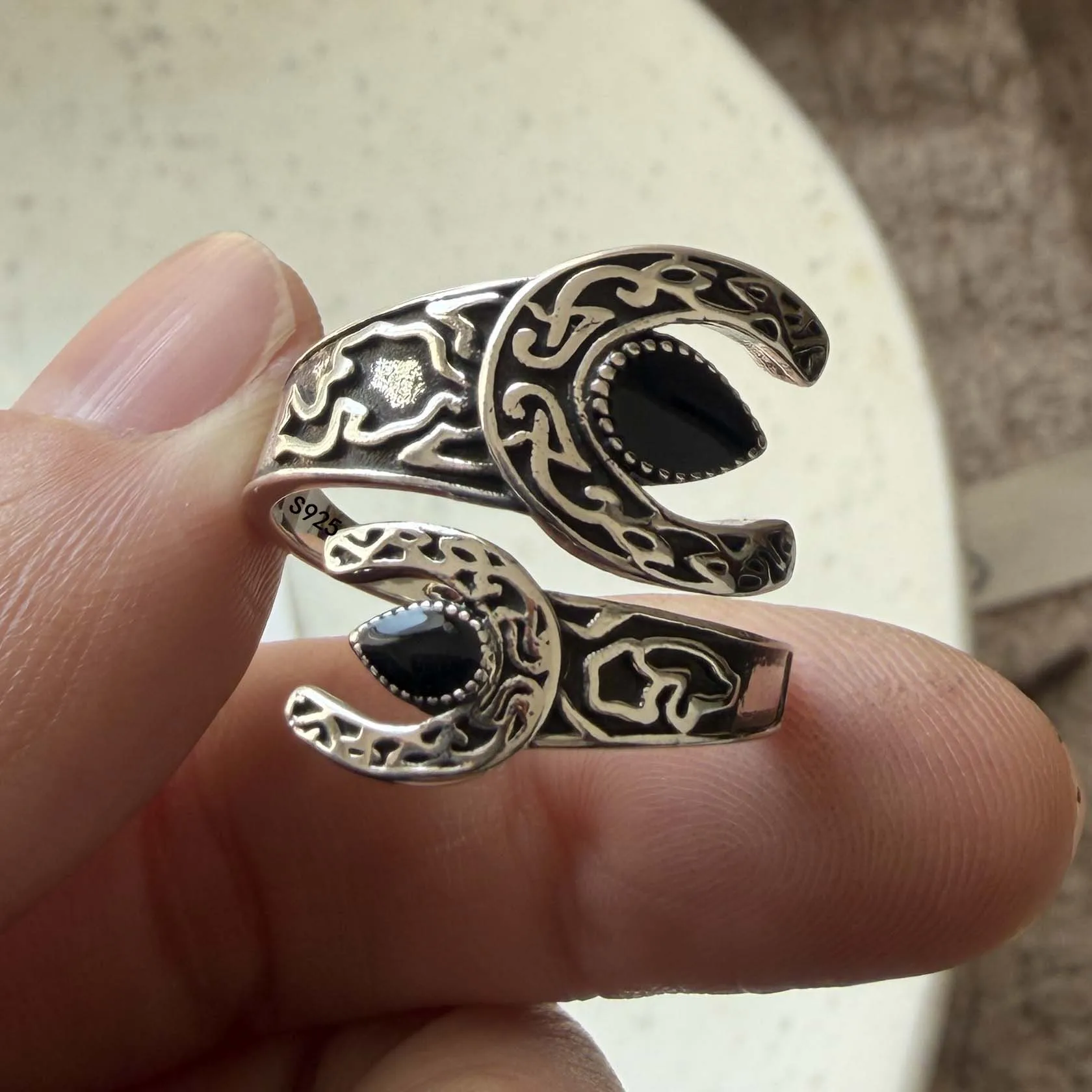 925 Sterling Silver Rings for Women Couple Minimalist Handmade Retro Black Stone Ring Fine Jewelry Gift Prevent Allergy