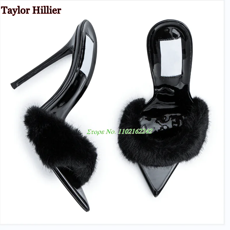 

Black Furry High-Heeled Slippers Summer Sexy Pointed Toe Stiletto Stage High Heels Versatile Fashionable Outer Sandals For Women