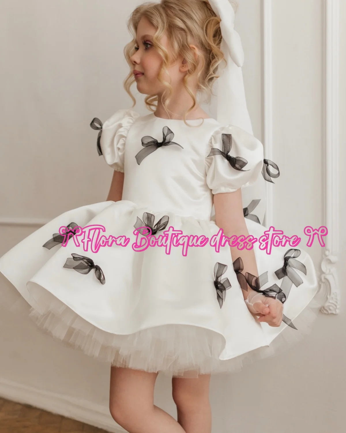 Flower Girl Dress Satin Tulle Puffy Bow Short Sleeve For Wedding Birthday Prom Pageant Holy Communion Gown Parties Customized