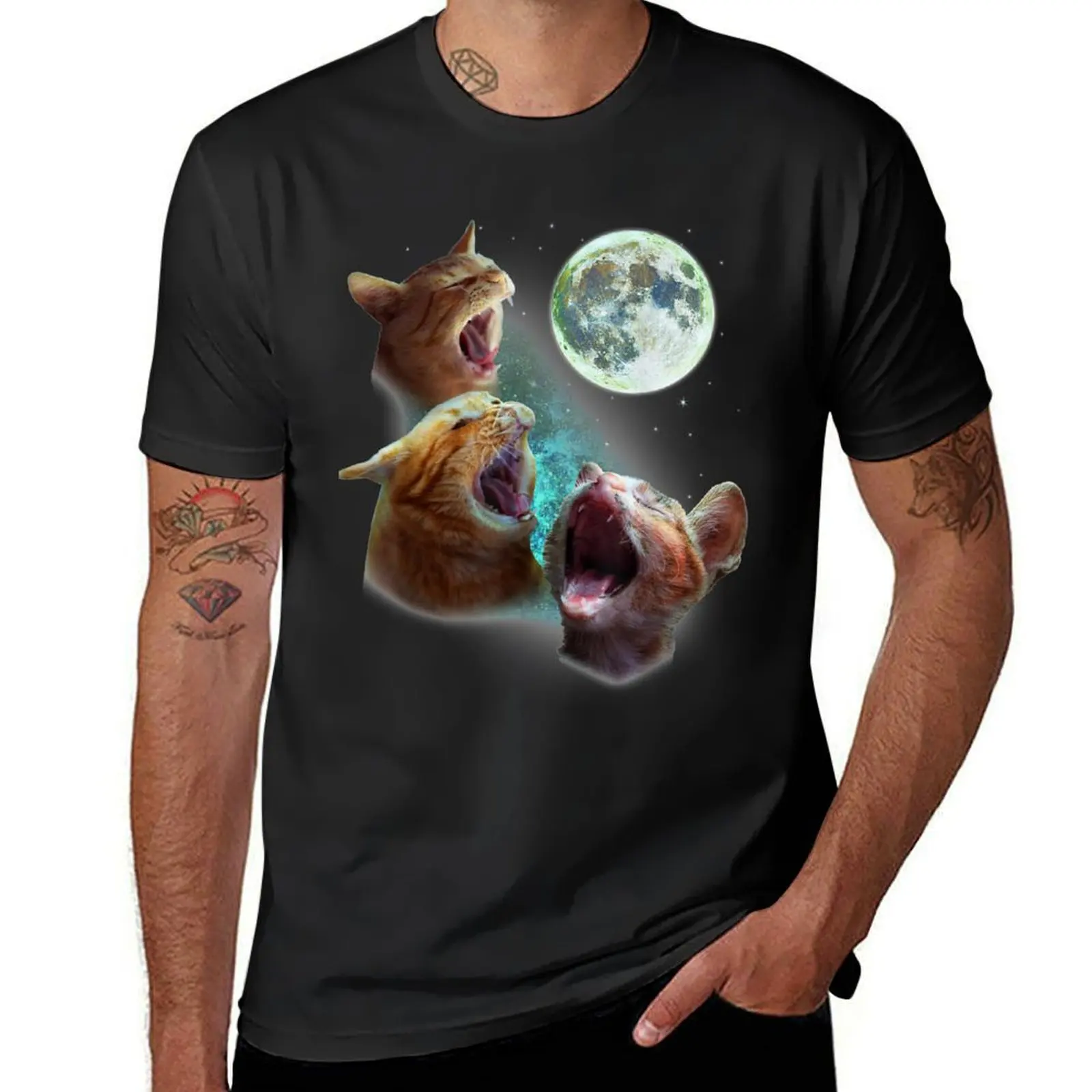 Three Orange Tabby Cats Howl At Moon 3 Wolfs - Funny Parody T-Shirt graphics Blouse summer top summer tops t shirts for men pack