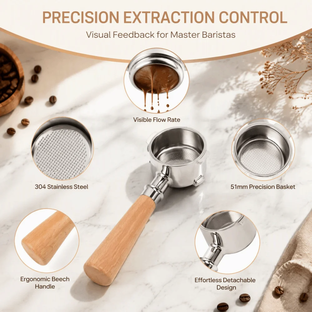 51mm Diameter Bottomless Coffee Portafilter Wood Handle 2 Ears Design Single Layer Portafilter Circular Filter Screen