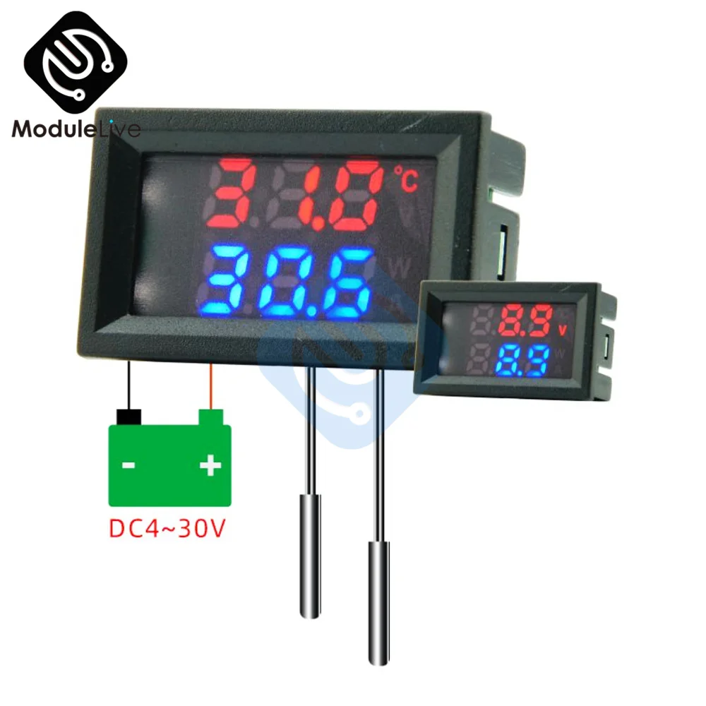 DC 4-30V Dual Display Car DC Voltmeter 12V 24V Digital Thermometer NTC 10K 3950 Probe Sensor Temperature Controller -50℃~120℃