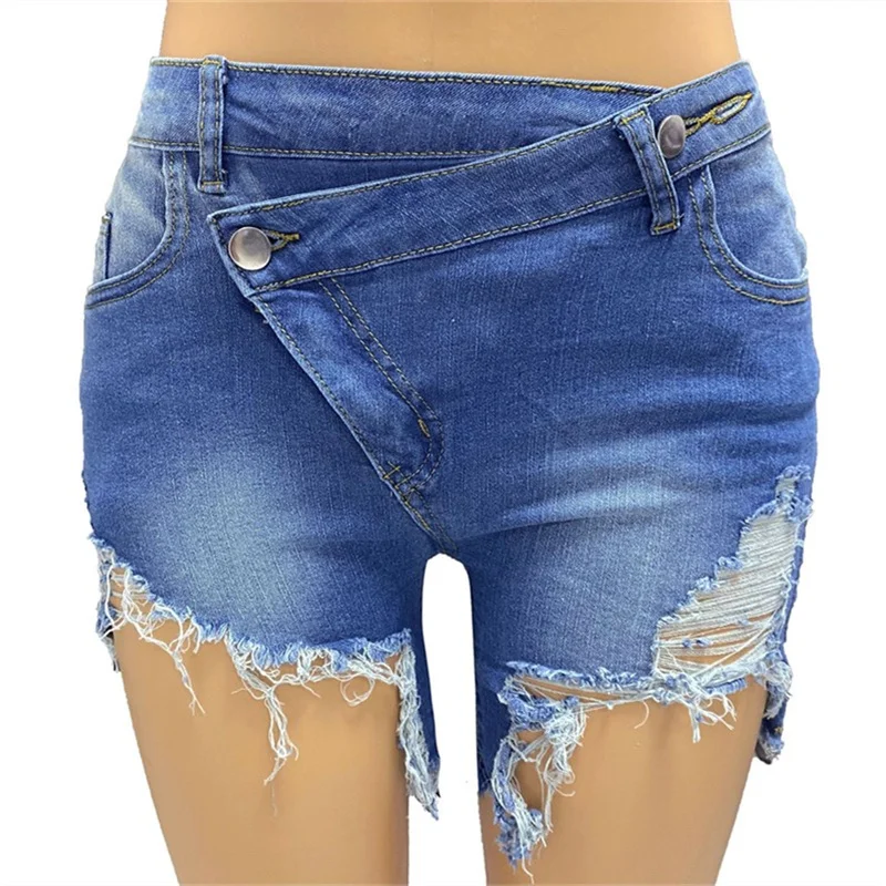 Fashion Slanted Waist Button Splicing Denim Shorts Women Summer Broken Holes Tassel Three Quarter Pants Female Casual Mini Jeans