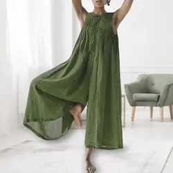 Elegant Long Wide Leg Pants Jumpsuit Retro Pleated Loose Sleeveless Front Lace-up Thin Lady Overalls Boho Beach Playsuit 2024