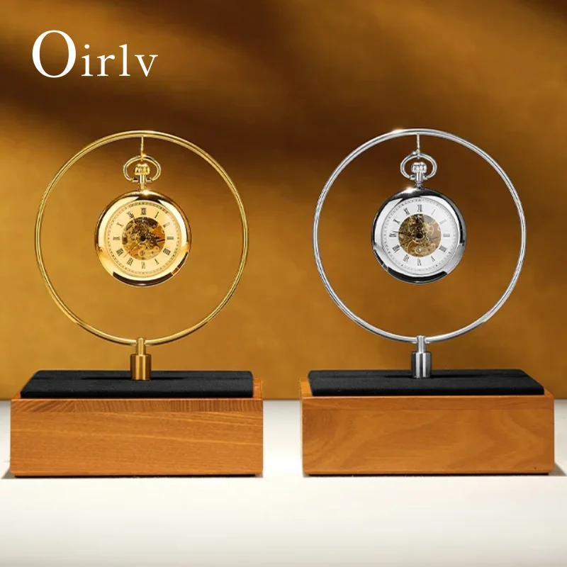 Oirlv Luxury Pocket Watch Display Stand Gold Metal Ring & Solid Wood Base, Elegant Desktop Holder for Mechanical Pocket Watches