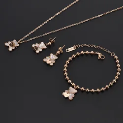 White Shell Cute Little Bear Peach Heart Stainless Steel Jewelry Set Necklace Earrings Bracelet or women