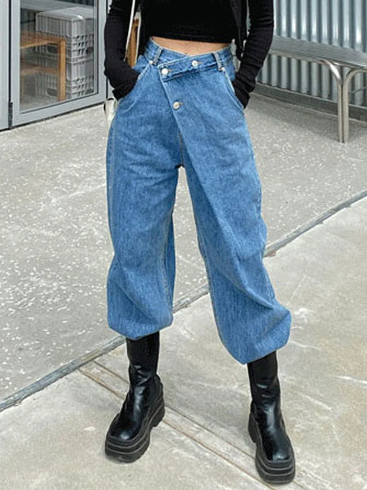 

2022 Autumn Women High Waist Irregular Pants Simple Slim Fit Stretch Ladies Casual Denim Straight Wide Leg Jeans H915