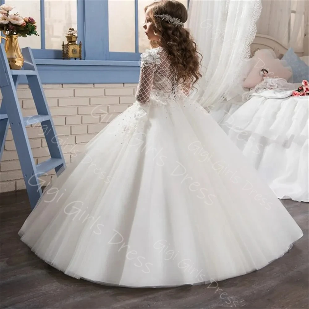 

White Flower Girl Dress for Weddings 2-14 Kids Lace Top Tulle Tutu Princess First Communion Dress Long Sleeves Custom Party Gown