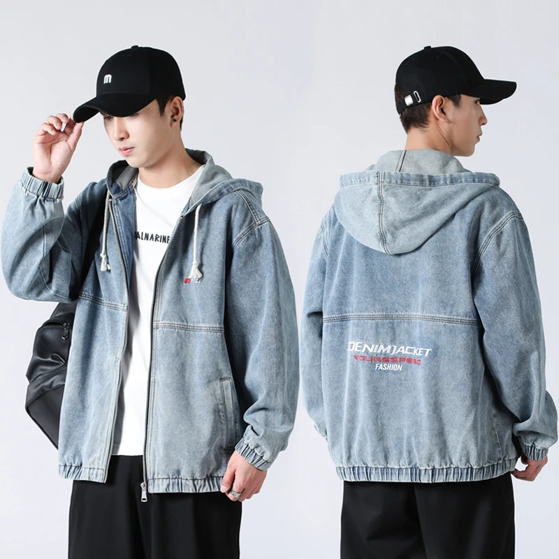 

2025 Spring Autumn New Arrival Men's Vintage American Denim Jacket - Oversized Hooded Zip-Up with Embroidered Streetwear Style