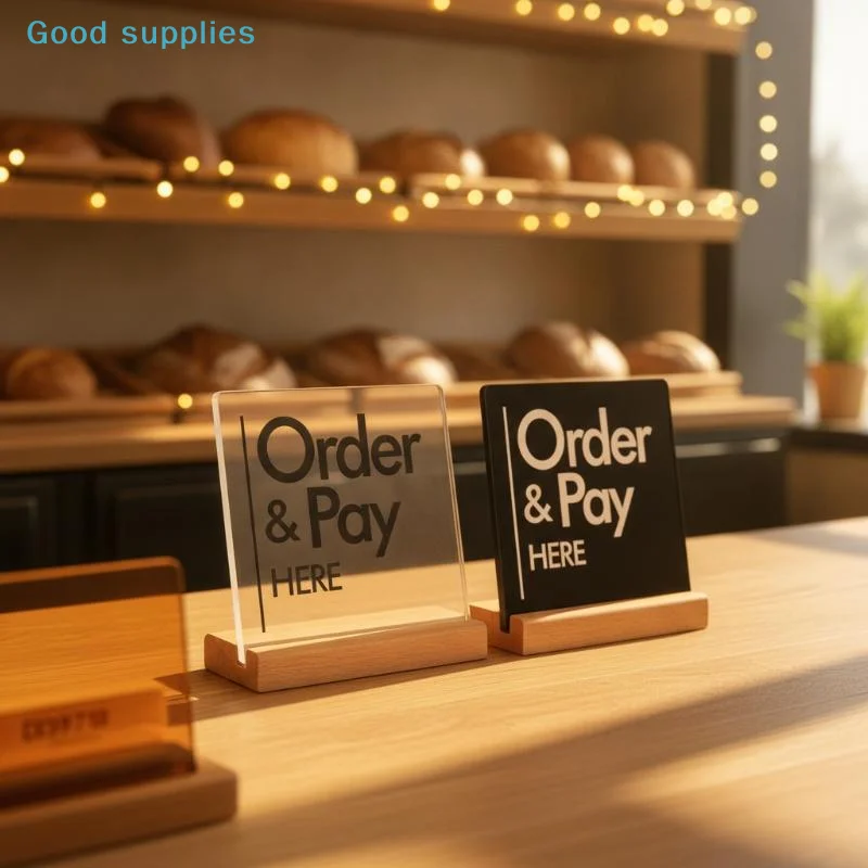 Acrylic Order And Pay Here Guidance Sign Heavy Duty Wood Base Double Sided Clear Print for Bar Pub Club Checkout Counter Use