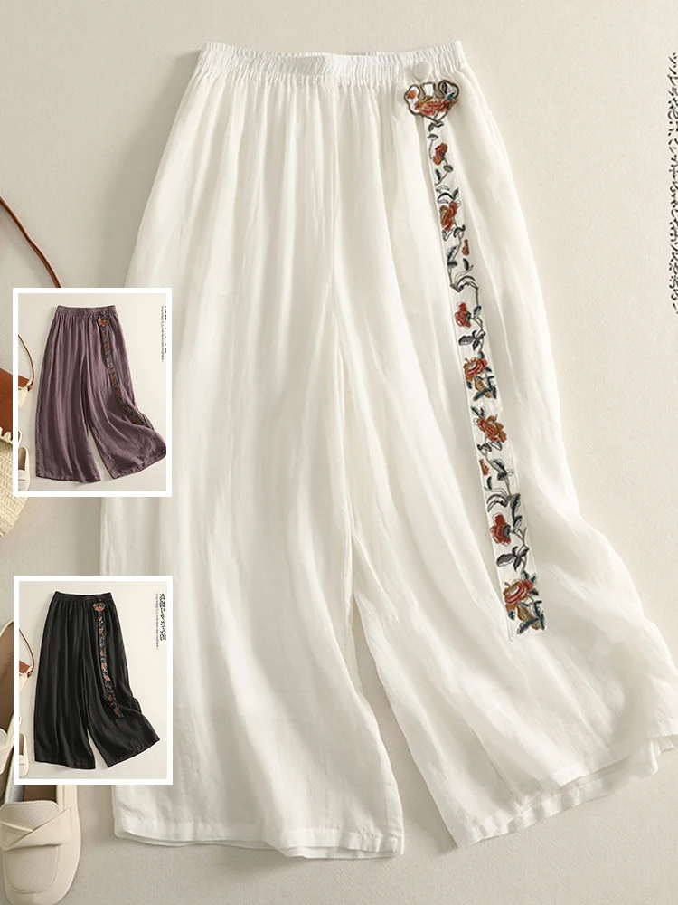 

Широкие брюки с этнической вышивкой, свободные повседневные прямые брюки для женщин больших размеров, универсальные утягивающие брюки с эластичной резинкой на талии