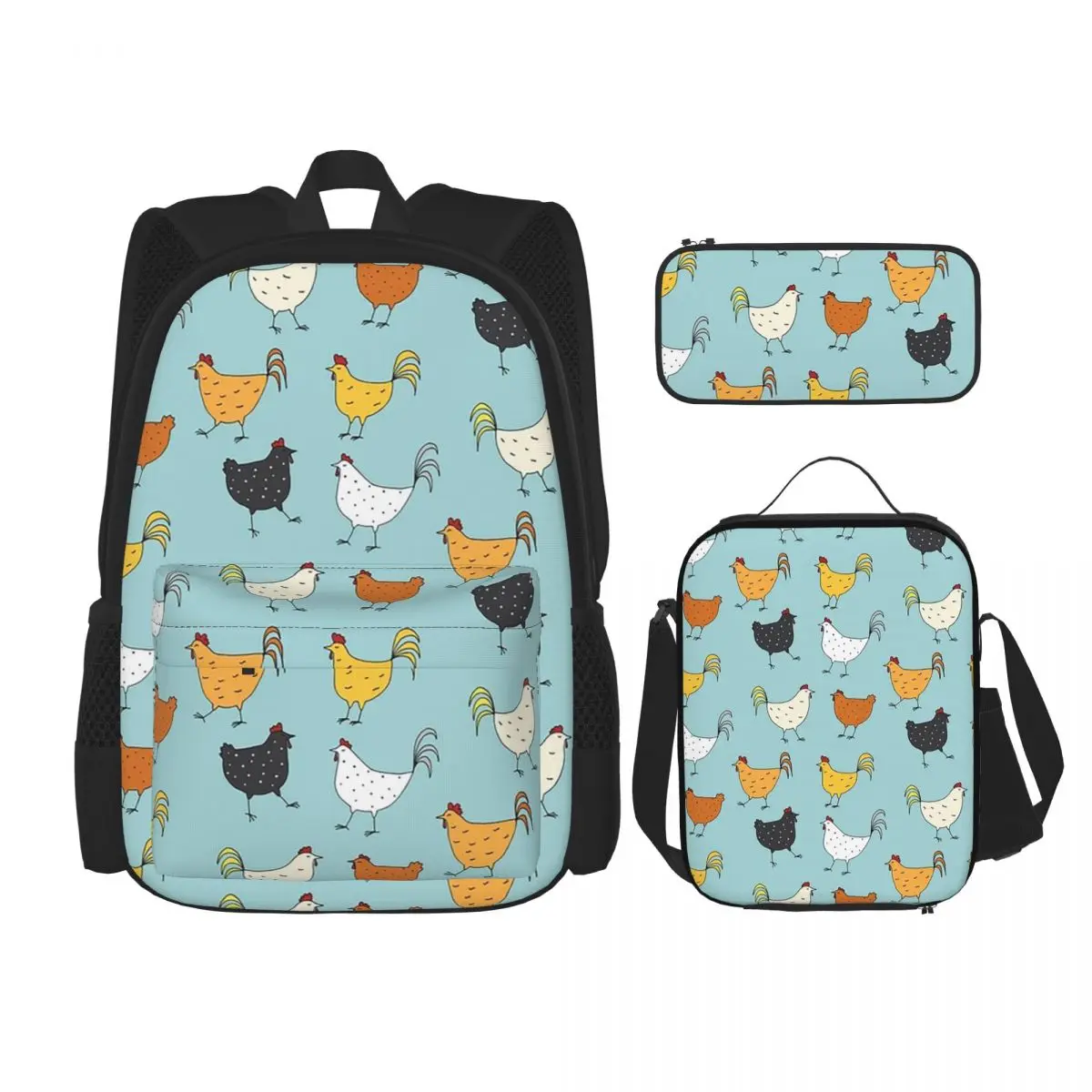 Chicken Pattern Backpacks Children Bookbag School Bags Rucksack Lunch Bag Pen Bag Three-Piece Set