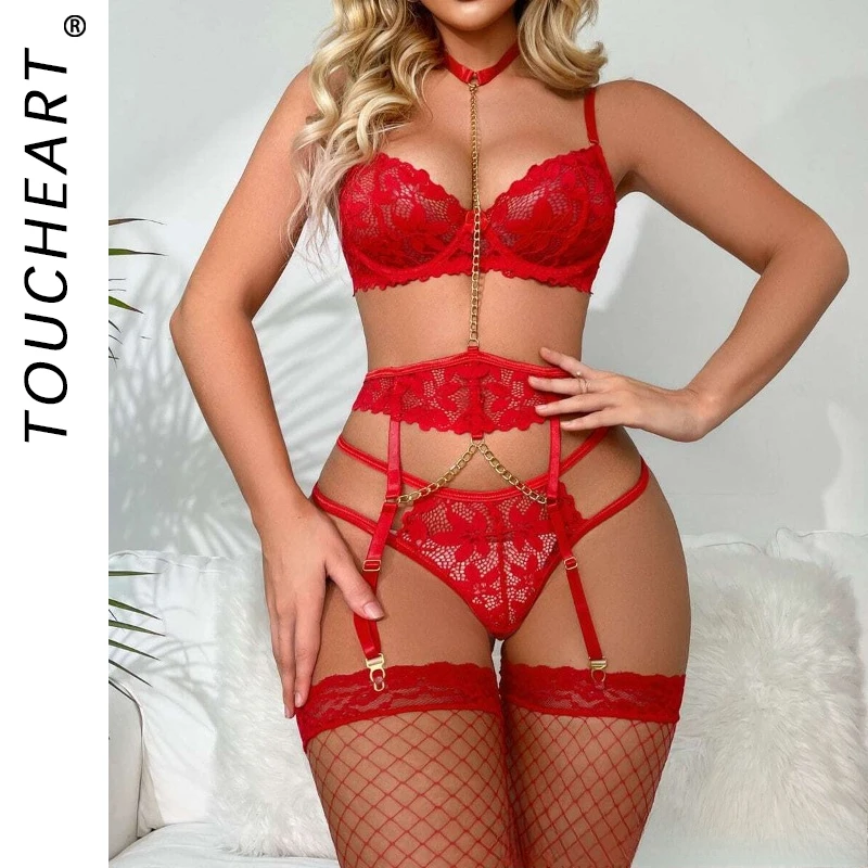 Toucheart Sexy Lingerie Women Thin Transparent Lace See Through Female Erotic Underwear Bra Panty Garter Chain Bra Underwear Set