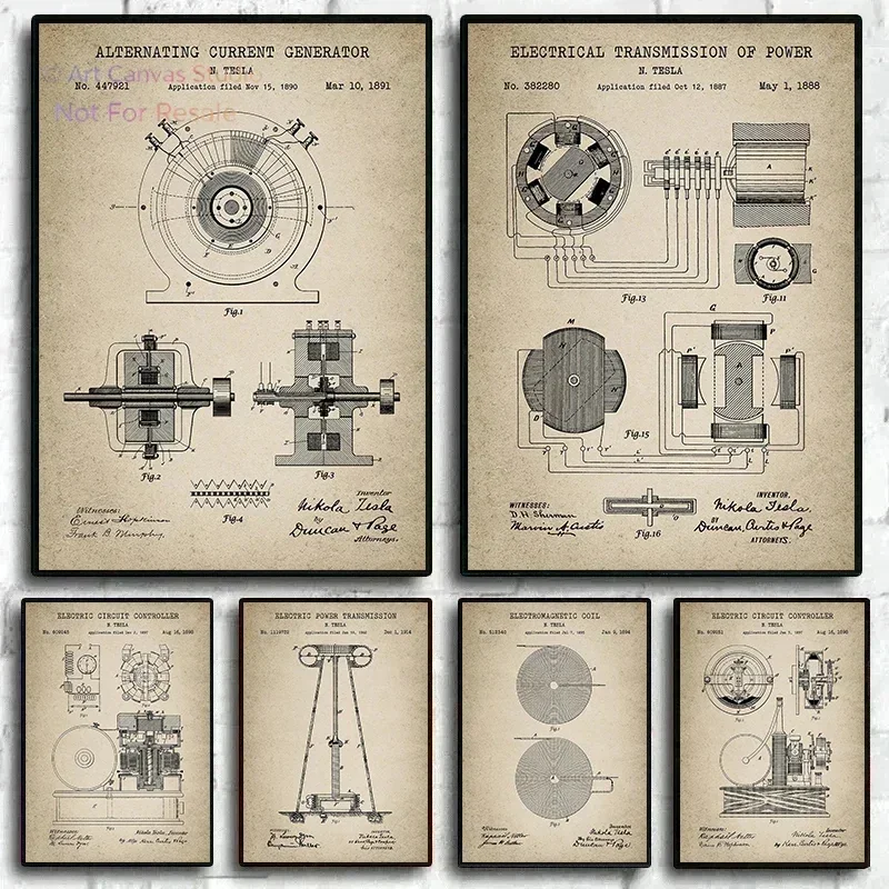 Vintage Tesla Electrical Patent Posters Prints Canvas Painting Wall Art Picture for Office Home Decor Electrical Engineer Gif