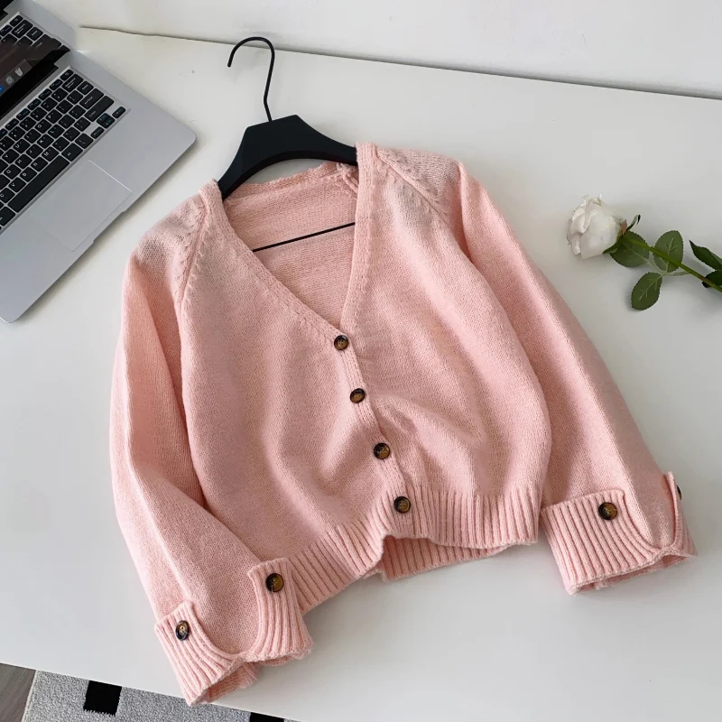 

Korean Clothes Knitwear Cardigan Women Sueter Mujer Solid Color Vintage V Neck Knitted Sweater Single Breasted Chic Pull Femme