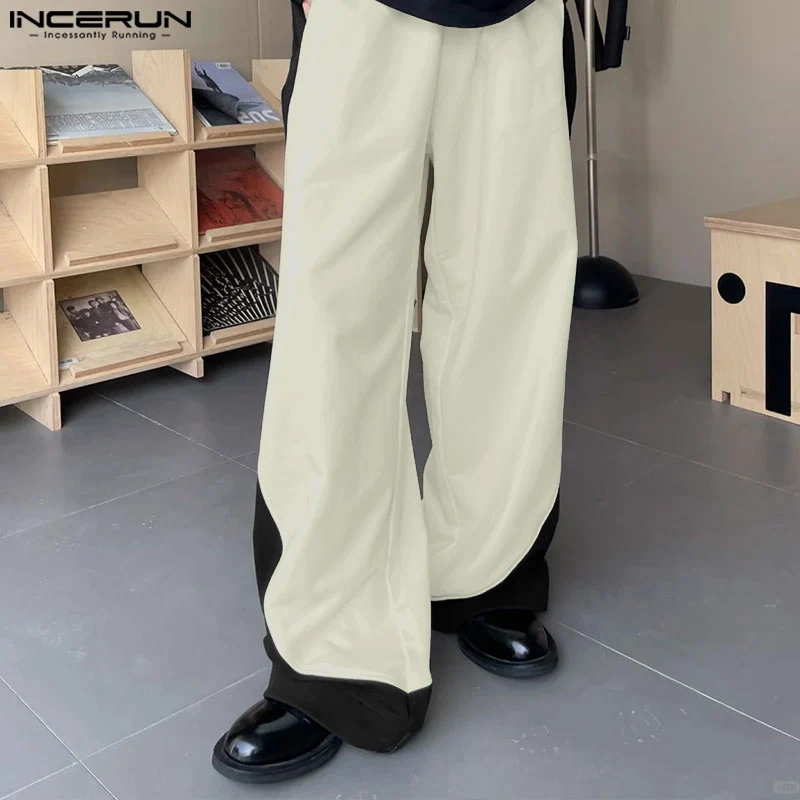 INCERUN 2024 Korean Style Trousers Men's Casual Splicing Color Block Pants Fashion Streetwear Male Straight Leg Pantalons S-5XL