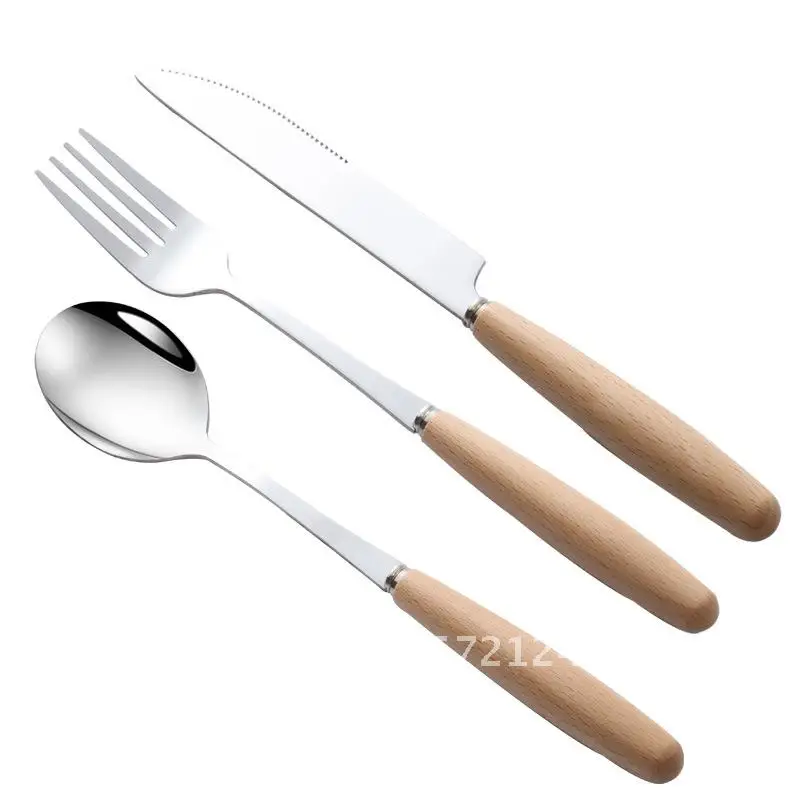 

Japanese Style Wooden Handle Stainless Steel Cutlery Set - Steak Knife Fork Spoon Solid Wood Western Food Tableware for Adults