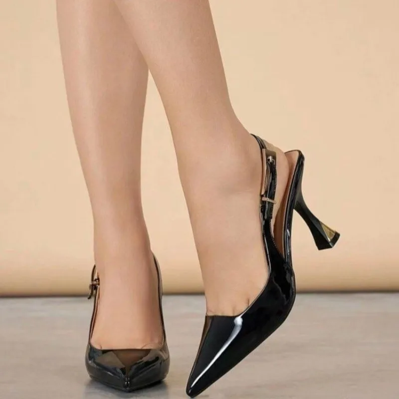 Women's Slingbacks Pointed Toe Flared Mid Heel Patent-Look Glossy Finish Slingback Pumps Formal Dress Evening Footwear Products