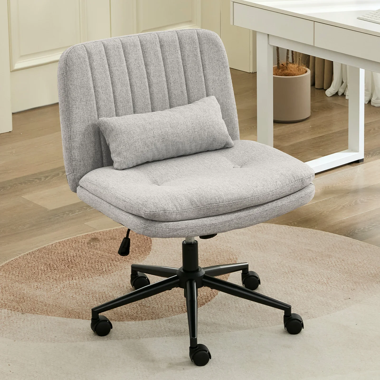 TCGBKAF Gray Criss Cross Chair Armless Desk Office with Wheels And Lumbar Pillow Adjustable Swivel Task Vanity Linen Chair