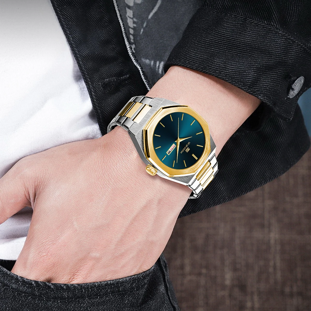 2025 جديد ساعة رجال الأعمال موضة مثمنة الفولاذ المقاوم للصدأ حزام مزدوج التقويم حركة الكوارتز العلامة التجارية الأعلى الرجال الساعات reloj