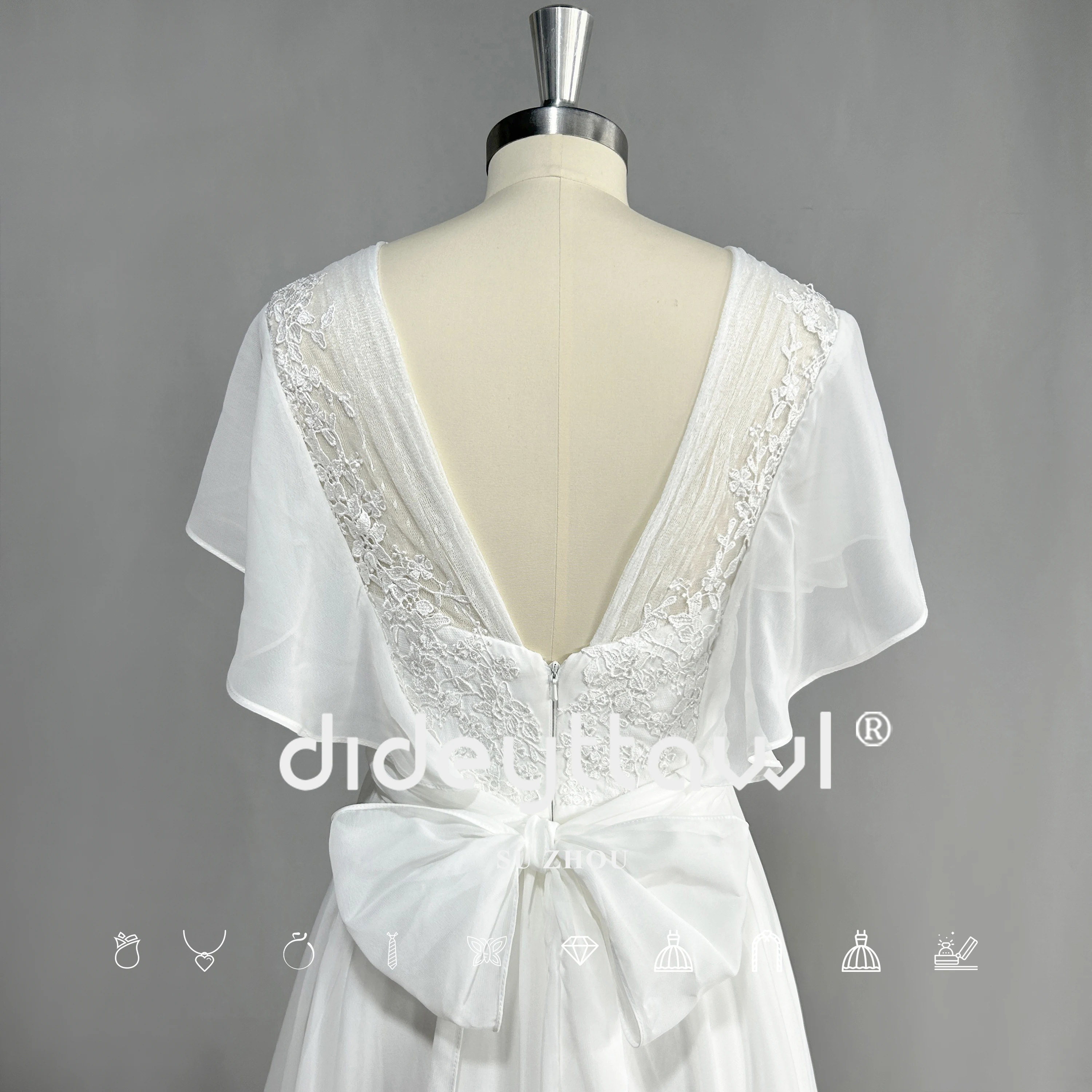 DIDEYTTAWL Actual Photos Flare Short Sleeves Chiffon Boho Wedding Dress V Neck A Line Backless Lace Appliques Bridal Gown