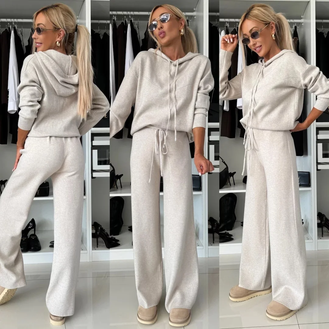 

Autumn Winter Casual Set Women's Hooded Long Sve Sweatirt Rope Wide Leg Pants Two Piece Set Comfortable Breathable Stree...