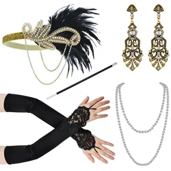 5pcs 1920 Makeup Ball Accessories Gatsby Party Feather Alloy Headband Pearl Necklace Long Smoke Rod Glove Set