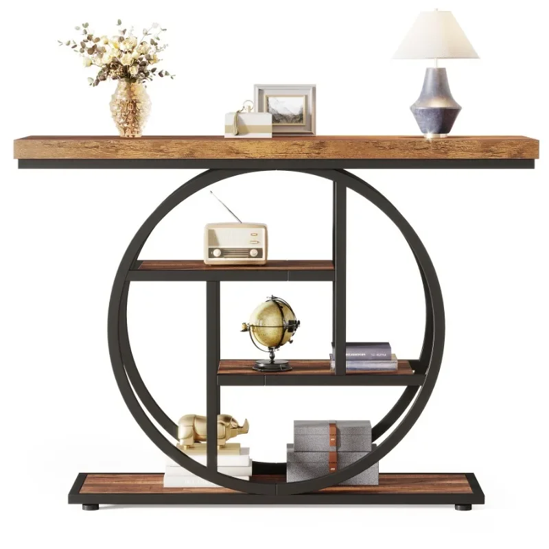 Mesa consola de 41,3 pulgadas, mesa de sofá industrial de 4 niveles, mesa de entrada con base circular, para sala de estar, pasillo, vestíbulo, marrón rústico