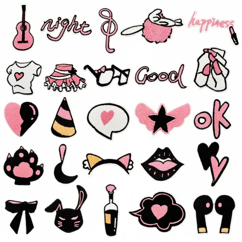 

Black Pink Love Heart Cat Bow Girl Skirt Iron-on Sew Embroidered Badge Patches DIY T-shirt Backpack Clothing Appliques Sticker